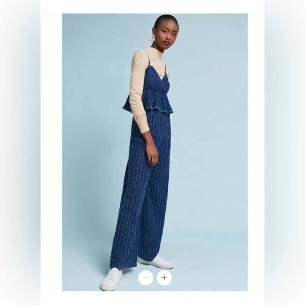 Anthropologie Ett:wa Blue Pinstripe Peplum Jumpsuit Small Cropped Wide Leg